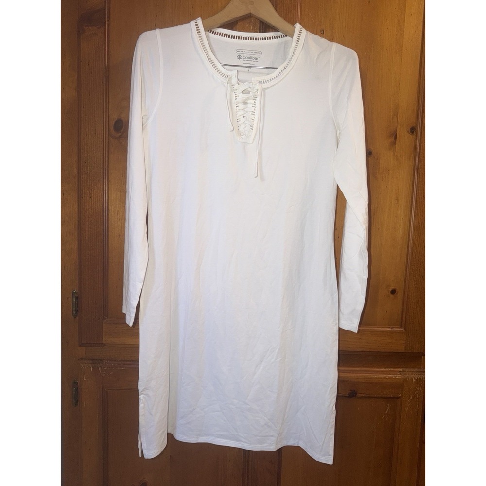 Coolibar Long Sleeve Dress UPF 50+ Women's S White UV Sun Beach Tunic Lace Up